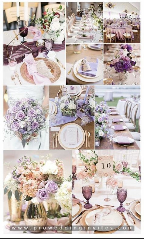 Lilac And Rose Gold Wedding, Lilac And Rose Gold, Lilac Wedding Themes, Light Purple Wedding, Lavender Wedding Theme, Purple And Gold Wedding, Wedding Color Ideas, Gold Wedding Colors, Wedding Color Combos