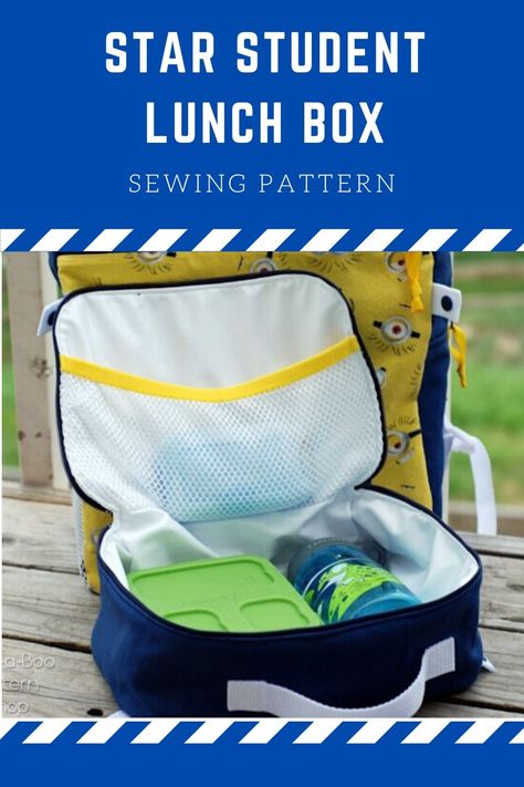 SEWING PATTERN. Star Student Lunch Box sewing pattern. Lunch box sewing pattern for kids and grown ups. A smart bag to carry your sandwiches or lunch to school or work. Sturdy lunch box to sew with handle and internal mesh pocket. Zip around lunch bag sewing pattern. Zip around bag pattern. #SewModernBags #SewALunchBox #LunchBoxSewingPattern #SewABag #BagSewingPattern #LunchBagPattern #KidsSewingPattern Diy Lunch Box Pattern, Lunchbox Sewing Pattern, Lunch Box Sewing Pattern, Lunch Bag Sewing Pattern, Box Sewing Pattern, Lunch Bag Sewing, Lunch Box Pattern, Diy Lunchbox, Lunch Bags Pattern