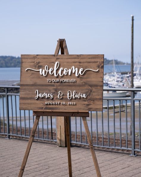 Personalize your special day with our exquisite wooden wedding welcome signs. Featuring your names and wedding date, these meticulously crafted signs serve as stunning décor pieces for your ceremony. Each sign is designed to add a perfect touch of elegance and charm, creating a memorable atmosphere on your unforgettable day. Sign Details: - Solid wood sign ¾" thick - 3D lettering style  This listing is for the one personalized sign. No other decor is included. EASEL ADD-ON: Our heavy-duty solid Wooden Wedding Guest Book Wood Signs, Wedding Welcome Sign Wood, Welcome To Our Forever, Diy Wedding Welcome Sign, Decorate Wedding, Wooden Wedding Guest Book, Wood 3d, Wedding Ceremony Signs, 3d Lettering