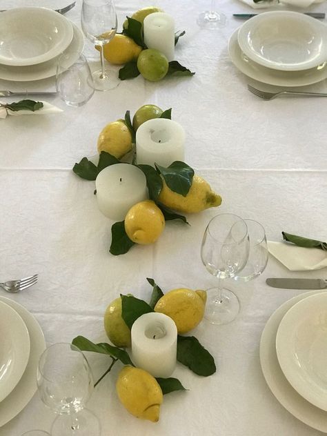 Amalfi Table 🍋 Lemon Inspired Table Setting, Italian Style Table Setting, Amalfi Table Setting, Lemon Table Decor Centerpieces, Amalfi Coast Table Setting, Table Decorations Lemon, Amalfi Coast Dinner Party, Italian Dinner Table Setting Ideas, Lemon Table Setting