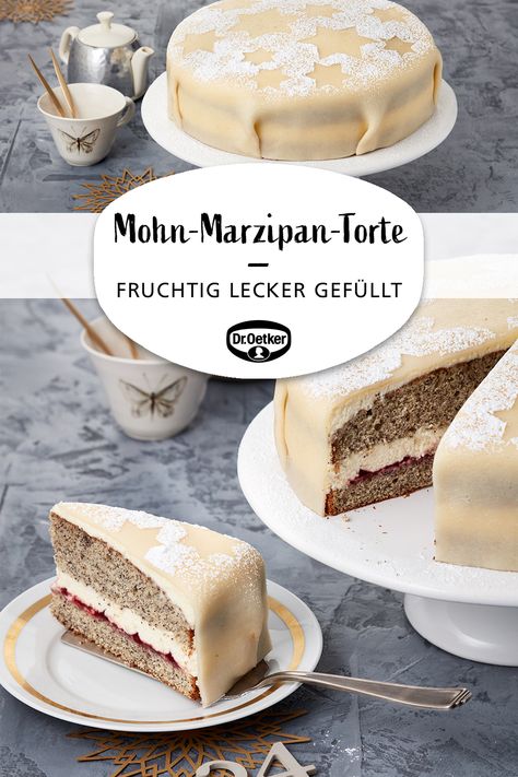 Mohn-Marzipan-Torte: Marzipantorte gefüllt mit Himbeer-Fruchtaufstrich und Sahne für Weihnachten  #adventskaffee #kaffeetafel #festlich Poppy Cake, Marzipan Cake, Coconut Milk Smoothie, Healthy Recipes Easy Snacks, Cinnamon Cream Cheese Frosting, Delicious Cake Recipes, Easy Smoothie Recipes, Pumpkin Cupcakes, Pumpkin Spice Cupcakes