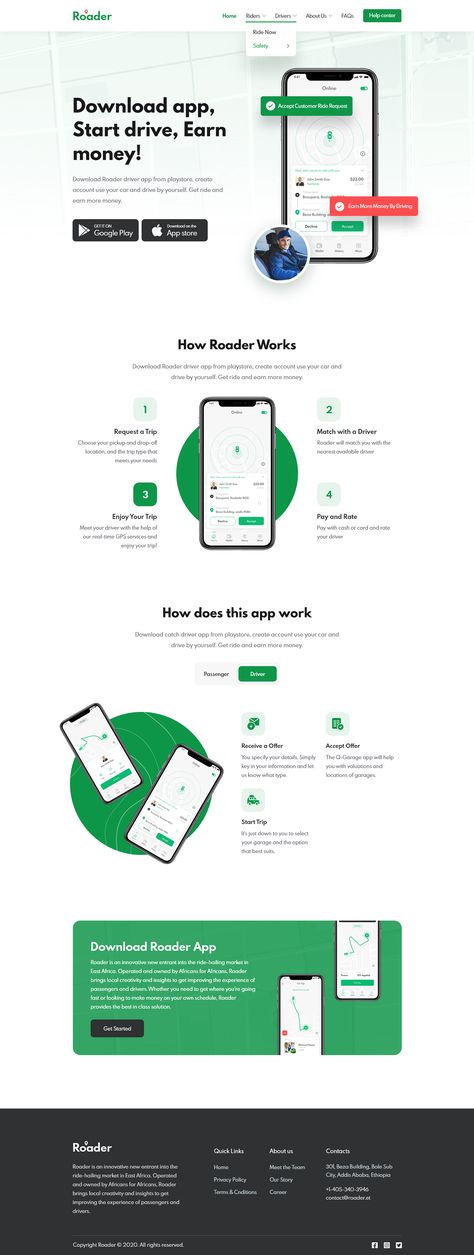 Ride Sharing Mobile App Landing Page on Behance Website Design Mobile Web Layout, Landing Page Mockup, Ride Sharing App Website, Ride Share Website, App Website Design Landing Pages, App Landing Page Design Inspiration, Landing Pages Ui, Ride Sharing App Landing Page, Mobile App Website Design