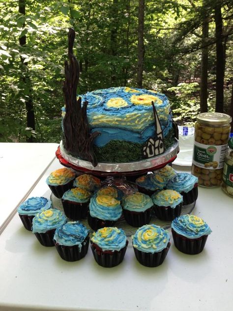 van Gogh Starry Night cake and cupcakes Van Gogh Cupcakes, Starry Night Cupcakes, Starry Night Cake, Gogh Cake, Starry Starry Night, Realistic Cakes, Cake And Cupcakes, Pretty Birthday Cakes, Cute Birthday Cakes