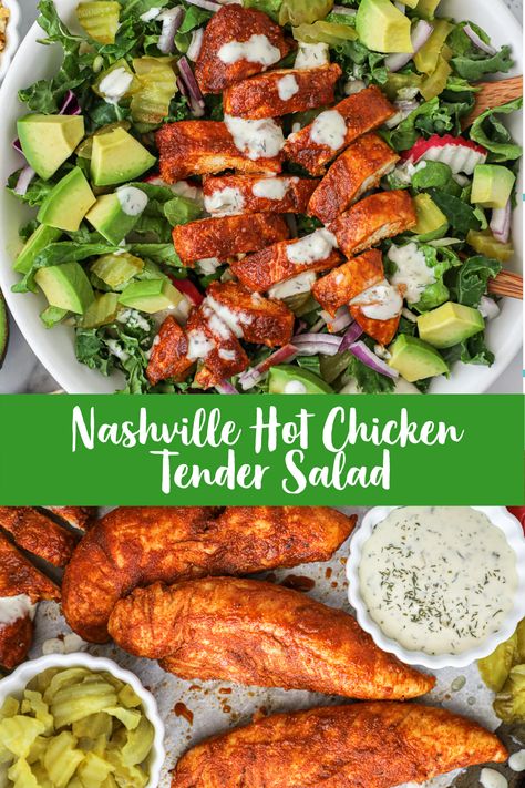 The cool dill pickle dressing with the nashville hot chicken tenders make this salad a perfectly balanced dish for summer! Grab the recipe for the chicken and pair with our new Dill Pickle Chopped Salad Kit, top with avocado and dig into a healthy, low-carb, delicious, fresh recipe! Nashville Hot Salad, Nashville Hot Chicken Salad Recipe, Salad With Chicken Tenders, Nashville Hot Chicken Salad, Nashville Recipes, Dill Pickle Dressing, Nashville Hot Chicken Tenders, Dill Pickle Salad, Hot Chicken Tenders