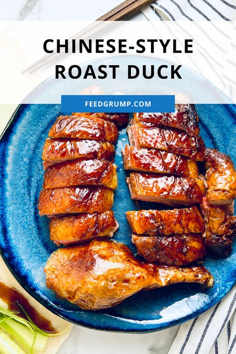 plate of sliced Chinese roast duck Chinese Duck Recipe, Baked Duck Recipes, Hoisin Dressing, Christmas Roast Duck, Five Spice Recipes, Duck Leg Recipes, Hakka Recipe, Chinese Roast Duck, Mandarin Pancakes