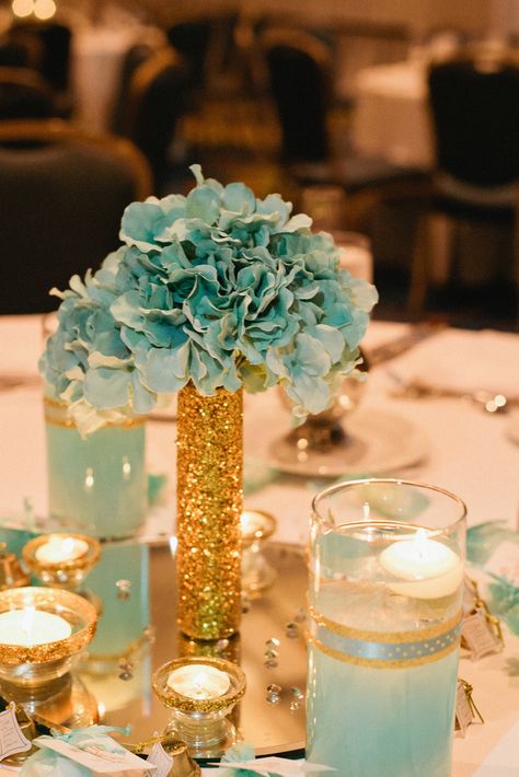 DIY Mint Fabric Flower Reception Centerpieces Turquoise And Gold Centerpieces, Teal Centerpieces Diy, Flower Reception, Teal Centerpieces, Quince Decor, Quinceañera Ideas, Mint Fabric, Gold Centerpieces, Centerpieces Diy