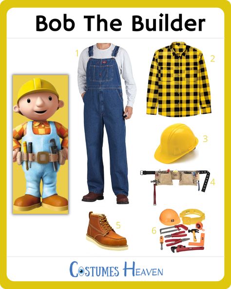 Bob The Builder Costume, Builder Costume, Builder Outfit, Harvest Church, Brown Work Boots, Halloween Costumes For Family, Character Dress Up, Up Costume, Blue Overalls