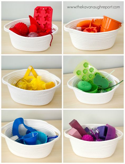 Montessori inspired color themed treasure baskets for babies and toddlers. How to make these treasure baskets and why they are great. Baby Treasure Basket, Sensory Basket, Colors For Toddlers, Montessori Environment, Treasure Basket, Infant Classroom, Baby Sensory Play, Montessori Toddler Activities, Toddler Classroom