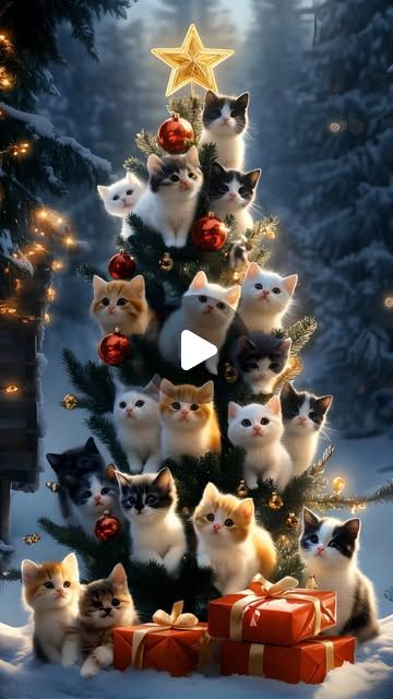 Cats Christmas Tree, Christmas Food Crafts Gifts, Cats In Christmas Trees, Christmas Cat Photos, Christmas Reels, Animated Christmas Pictures, Christmas Food Crafts, Fun Gif, Christmas Video