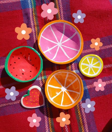 Painting Trinket Dishes, Fruit Trinket Dish, 3d Art Ideas, Watermelon Bowl, Strawberry Dishes, Fruits Design, Twine Crafts, March Break, Orange Bowl