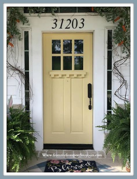 Front Door Update-Yellow-Paint- From My Front Porch To Yours Gold Painted Front Door, Butter Yellow Front Door, Light Yellow Front Door, Yellow Front Door Gray House, Pale Yellow Front Door, Yellow Front Door White House, White Siding Exterior, Painted Front Door Ideas, Grey House White Trim