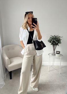 Styling Cream Linen Pants, Linen Trousers And Shirt Outfit, Linen Shirt Outfit Work, Ivory Linen Pants Outfit, White Shirt Beige Pants Outfit Women, Linen Trousers Work Outfit, Work Linen Pants Outfit, Linen Pants Outfit Modest, Linen Pants Airport Outfit