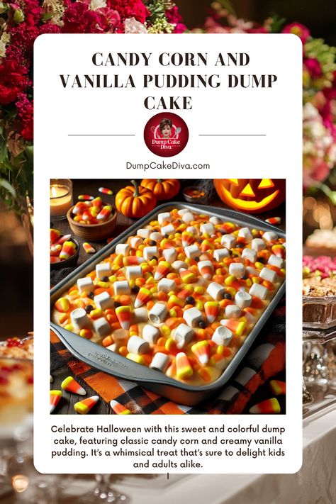 Candy Corn and Vanilla Pudding Dump Cake Pudding Dump Cake, Dump Cake Recipes Chocolate, Chocolate Dump Cake, Peach Dump Cake, Ugly Cakes, Spooky Party, Classic Candy, Cake Baking Recipes, Dump Cake Recipes