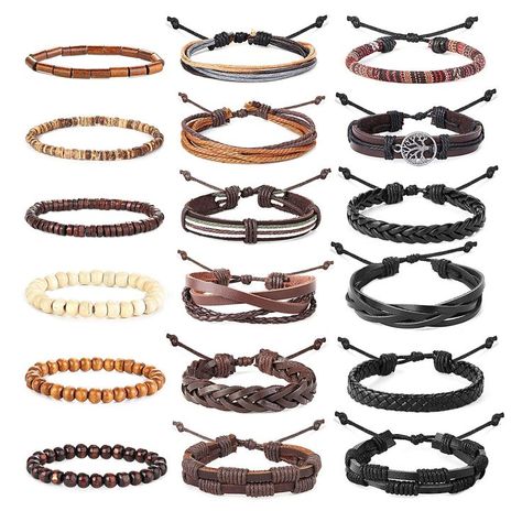 Hanpabum 18pcs Braided Leather Bracelets for Men Women Woven Cuff Wrap Bracelet Wood Beads Ethnic Tribal Bracelets Adjustable Leather Bracelets For Men, Anniversary Gift For Friends, Cheap Bracelets, Wood Bead Bracelet, Leather Wristbands, Braided Leather Bracelet, Woman Weaving, Leather Bracelets, Bead Leather