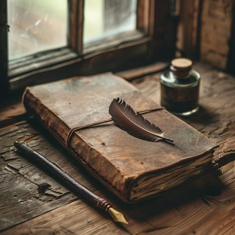 Vintage #Writing Essentials: An old #leatherbound journal with a feather #quill and #inkbottle, resting beside a #rustic window. #vintagewriting #journal #featherpen #inkwell #oldworldcharm #aiart #aiphoto #stockcake ⬇️ Download and 📝 Prompt 👉 https://stockcake.com/i/vintage-writing-essentials_1006414_1014666 Quill Aesthetic, Writing Quill, Writing Feather, Vintage Writing Aesthetic, Old Journal, Old Journal Aesthetic, Writers Aesthetic, Old School Aesthetic, Fairy Grunge Aesthetic