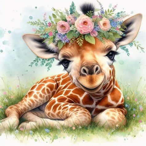 Wild Animals With Flowers, Animals With Flowers, Kid Drawings, Cute Pictures To Draw, Spring Arts And Crafts, Cartoon Giraffe, Cat Teapot, Cow Pictures, Spring Inspo