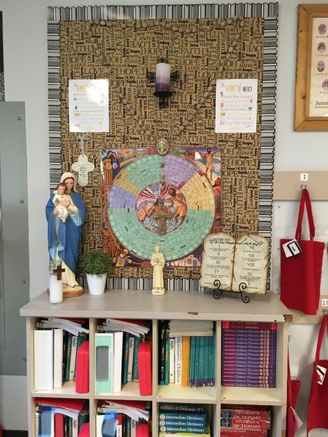 Catholic Classroom Confirmation Classroom Display, Ccd Classroom Ideas, Classroom Prayer Corner, Religion Classroom Decor, Catholic School Classroom Decor, Classroom Altar, Catholic Classroom Decor, Catholic School Aesthetic, Classroom Gallery Wall