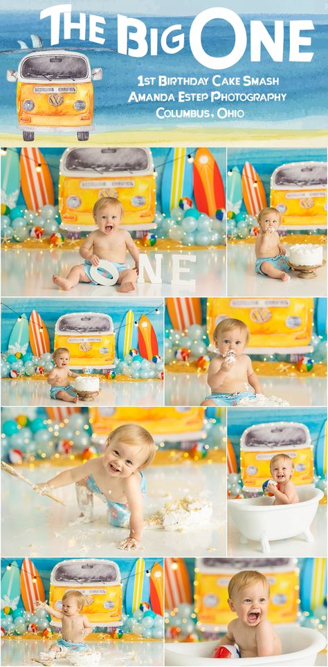 One year old baby boy in cute light blue swim trunks smashing a birthday cake with a surf board beach themed photography set to celebrate his first birthday. The Big One Cake Smash, The Big One Party Ideas, The Big One Cake, The Big One Birthday, The Big One Surf Birthday, Beach Cake Smash, Airplane Birthday Party Decorations, Beach Birthday Cake, 1st Birthday Boy Themes