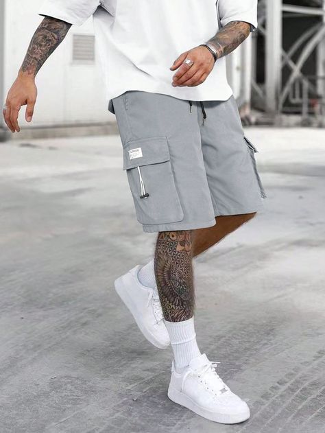 Light Grey Street Collar  Woven Fabric Letter Straight Leg Embellished Non-Stretch  Men Clothing Men's Summer Outfit, Mens Shorts Outfits, Mens Summer Outfits, Outfits Hombre, Drawstring Waist Shorts, Shorts Cargo, Mens Cargo, Cargo Shorts Men, Elastic Waist Shorts