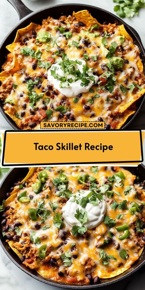 Whip up a quick and tasty Taco Skillet Recipe that the whole family will love! Featuring juicy ground beef, zesty spices, and fresh toppings, this dish brings the classic taco flavors to your dinner table. Perfect for easy weeknight dinners and a must-try in your ground beef recipes collection! Taco Skillet Dinner, Taco Skillet Recipe, Taco Recipes Ground Beef, Cheesy Dinner, Quick Ground Beef Recipes, Taco Skillet, Beef Tacos Recipes, Dinner Beef, Savory Recipe