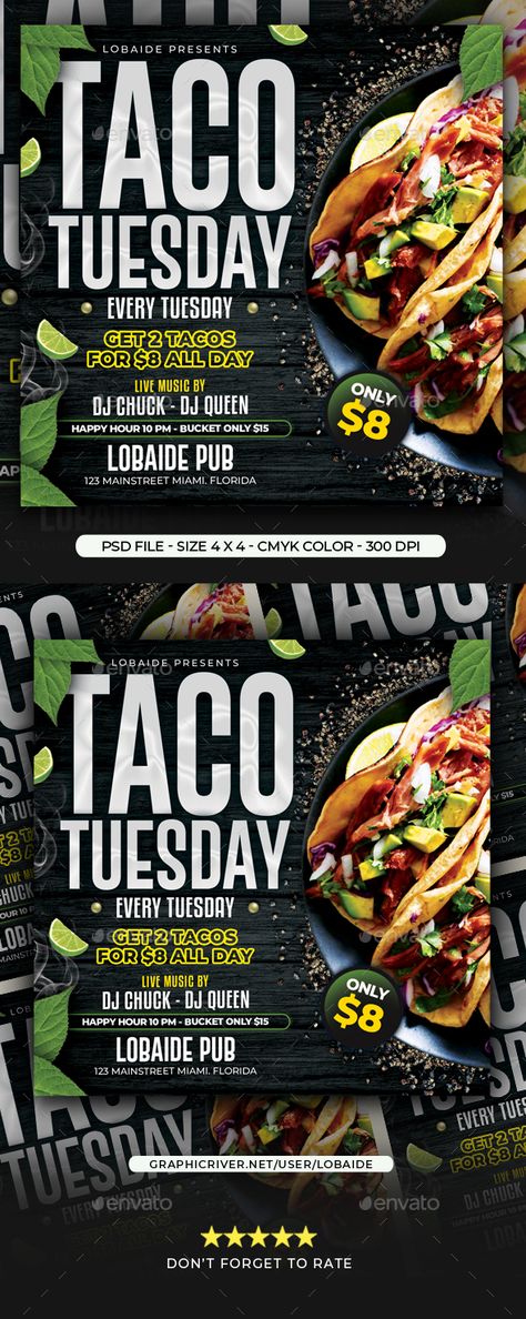 Taco Tuesday Flyer. #advertising #business #FastFood #flyer #food #FoodFlyer #FoodMenu #lobaide #menu #mexican #MexicanFlyer #MexicanFood #mexico #muertos #promotion #promotional #psd #restaurant #RestaurantFlyer #taco #TacoTuesdays #tacos #template #text #texture #tuesdays #wood Taco Tuesday Flyer Design, Tacos Menu Design, Taco Bell Advertising, Taco Tuesday Flyer, Mexican Flyer Design, Time For Tacos Poster, Food Font, Menu Design Layout, Menu Flyer