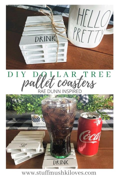 #rustichomedecor #farmhouse #modernfarmhouse Mini Pallet Coasters Diy, Mini Wooden Pallet Crafts, Dollar Tree House Warming Gift, Dollar Tree Pallet Coasters, Dollar Tree Coasters Diy, Dollar Tree Vinyl Projects, Pallet Coasters Diy, Mini Pallet Crafts, Dollar Tree Pallet Crafts