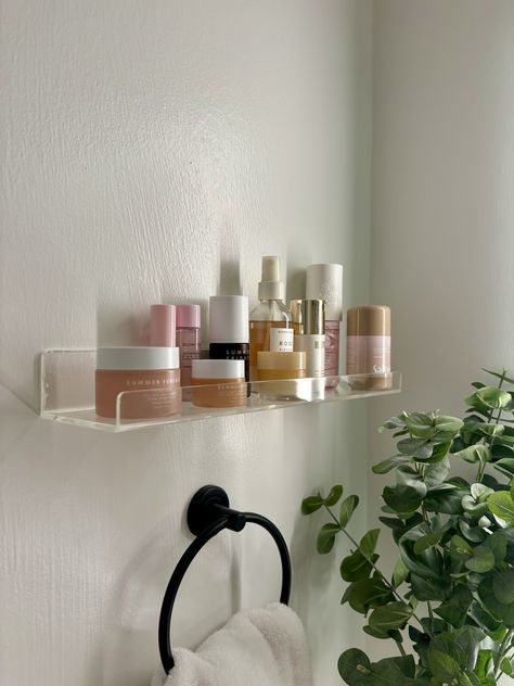 Clear Acrylic Shelves Bathroom, Acrylic Floating Shelves Bathroom, Small Floating Shelves Bathroom, Beauty Shelf Display, Clear Acrylic Shelf, Floating Makeup Shelf, Acrylic Shelf Bathroom, Acrylic Wall Shelves, Clear Bathroom Shelves