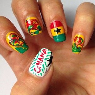 Ghana | 38 Awesome Nail Art Designs Inspired By The World Cup Ghana Inspired Nails, World Cup Nails, Ghana Flag, Nails 2014, Flag Nails, Makeup Nails Art, Butterfly Nail Art, Glamour Nails, Inspired Nails