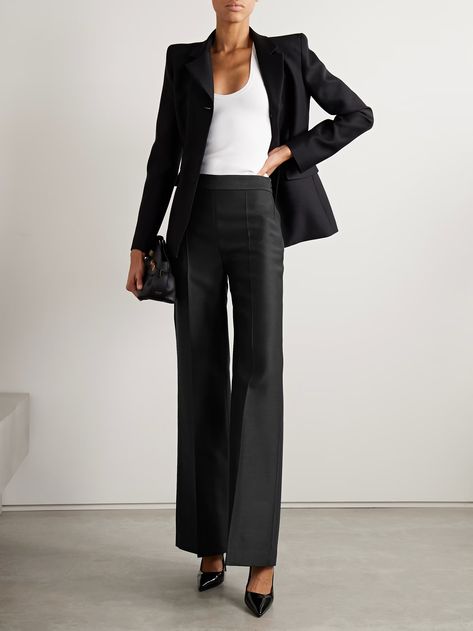 ADAM LIPPES Bettina wool and silk-blend radzimir wide-leg pants | NET-A-PORTER Formal Outfits For Women Events, Leggings Street Style, Leg Trousers Outfit, Moot Court, Boss Lady Aesthetic, Wide Leg Trousers Outfit, Black Pant Suit, Black And White Suit, Lady Outfits