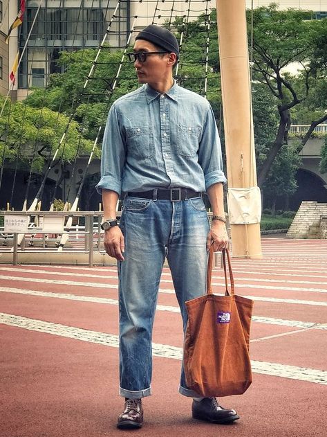 An Ode to Denim and Chambray Shirts | a little bit of rest Americana Fashion Men, Jean Shirt Outfits, Chambray Shirt Outfits, Chambray Shirts, Denim Outfit Men, Older Mens Fashion, Blue Shirt With Jeans, Chambray Denim Shirt, Denim Shirt With Jeans