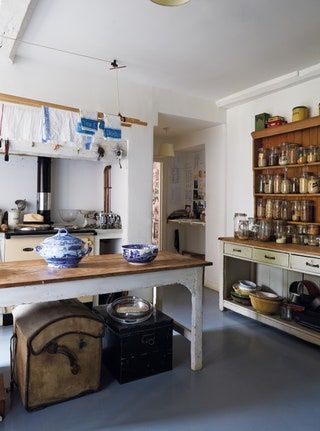 How to style a simple country kitchen Unfitted Kitchen Ideas, Simple Country Kitchen, Old Shelves, Old Fashioned Clock, Vintage Food Posters, Unfitted Kitchen, 1940s Home, Pantry Cupboard, Freestanding Kitchen