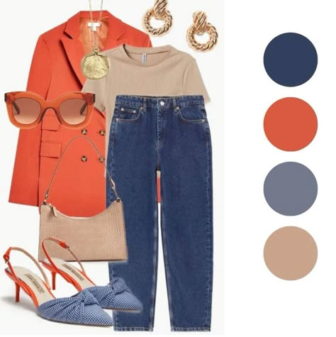 Orange Blazer Outfits, Looks Jeans, Colour Combinations Fashion, Color Combos Outfit, Classic Style Outfits, Orange Outfit, Orange Jacket, Elegante Casual, Classy Work Outfits