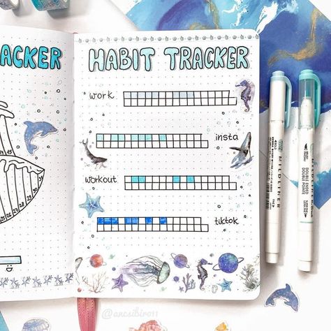 Bíró Ancsi on Instagram: "Habit tracker🐋🪸 #bulletjournal#bulletjournaling#bujo#bujoidea#bujoidea#bulletjournalidea#bulletjournalhungary#bujohungary#bujolove#inspo#ideas#inspiration#bujocommunity#bulletjournal2022#bulletjournaladdict#bulletjournalist#handwrite#handwriting#bulletplanner#planner#august#whale#ocean#oceantheme#augustbujo#whaletheme#habittracker#habittrackers#habittrackerbujo#habittrackerspread" August Habit Tracker Bullet Journal, July Bullet Journal Habit Tracker, July Habit Tracker, August Habit Tracker, Bullet Journal August, Journal 2023, Bulletin Journal, Whale Theme, Bullet Journal Ideas Templates