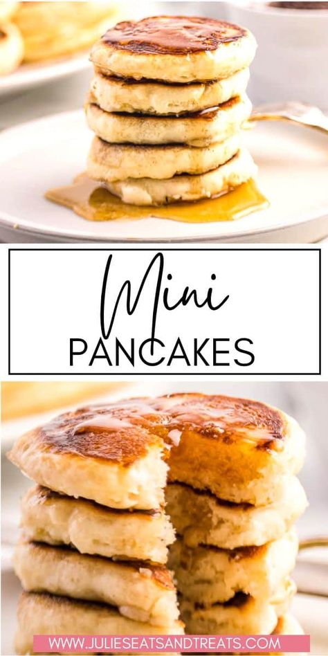 Homemade Mini Pancakes that use pantry ingredients and give you the most light, fluffy and mouthwatering pancakes ever. This pancake recipe is so easy to make for breakfast or brunch and the kids thinks it's so fun to eat anything mini! Make a batch of these for breakfast and freeze leftovers for later! Mini Pancakes Recipe, Dollar Pancakes, Freeze Leftovers, Oven Pancakes, Oven Baked Bacon, Homemade Strawberry Sauce, Pantry Ingredients, Baked Bacon, Mini Pancakes