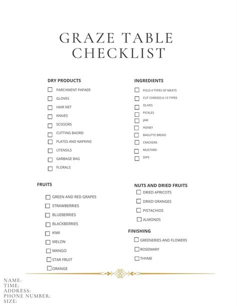 Shopping and inspiration checklist Graze Table Shopping List, Grazing Board Shopping List, Charcuterie Table Shopping List, Grazing Table Checklist, Grazing Table List, Charcuterie Grocery List, Charcuterie Price List, Charcuterie Checklist, Charcuterie Shopping List