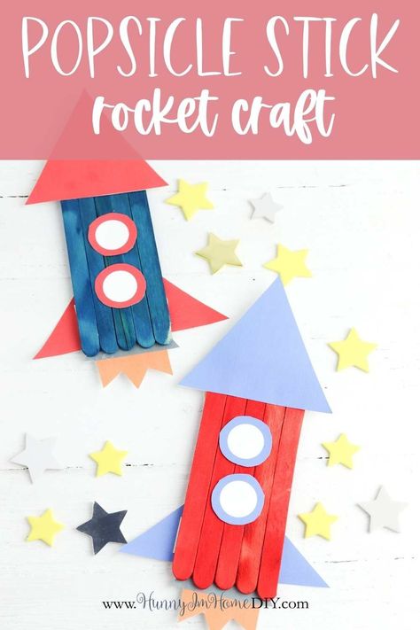 This cute rocket craft for kids is the perfect summer activity for kids in preschool or kindergarten. It's an easy popsicle stick craft that your kids can make in the classroom, at home, or at summer camp! Learn how to make your own space ship using craft sticks and a printable template. Your kids will have a blast playing with this fun DIY project as they learn about space and rockets. Easy Space Themed Crafts, Rocket Preschool, Rocket Ship Craft, Craft Stick Projects, Sticks Crafts, Popsicle Stick Art, Rocket Craft, Popsicle Stick Crafts For Kids, Space Crafts For Kids