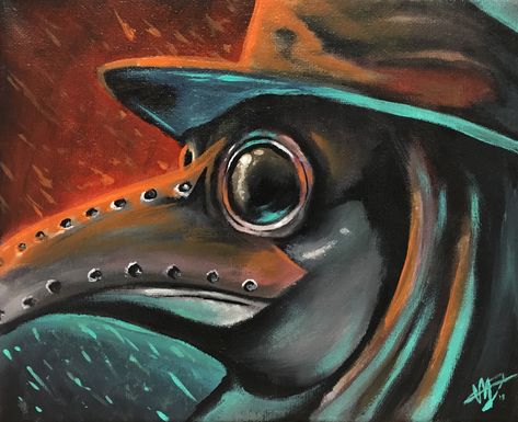 Acrylic on canvas. 2018. Plague doctor. Artwork. Painting. Plague Doctor Painting, Doctor Painting, Pandemic Art, Creepy Paintings, Acrylic Inspiration, Jacket Inspiration, Plague Doctors, Plague Mask, Painting 101