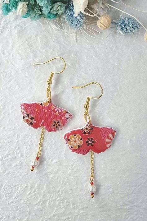 Red Earring Dangle Asian Inspired Japanese Paper Design Jewelry Gift Idea Earring Ginko Leaf and Glass Bead Handmade Clay Everyday Earring - Etsy Australia Red Earrings Dangle, Casual Earrings, Earring Dangle, Spring Earrings, Red Earrings, Handmade Clay, Japanese Paper, Asian Inspired, Design Jewelry