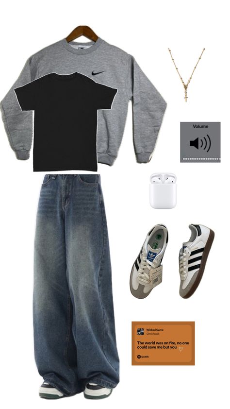 sweater, t shirt, masculine, masc outfit inspo, baggy jeans style, sambas Nike Sweatshirt Outfit, Street Style Outfits Casual, Street Fashion Men Streetwear, Outfit Inspo Casual, Guys Clothing Styles, Nike Sweatshirt, Cool Outfits For Men, Sweatshirt Outfit, Streetwear Men Outfits