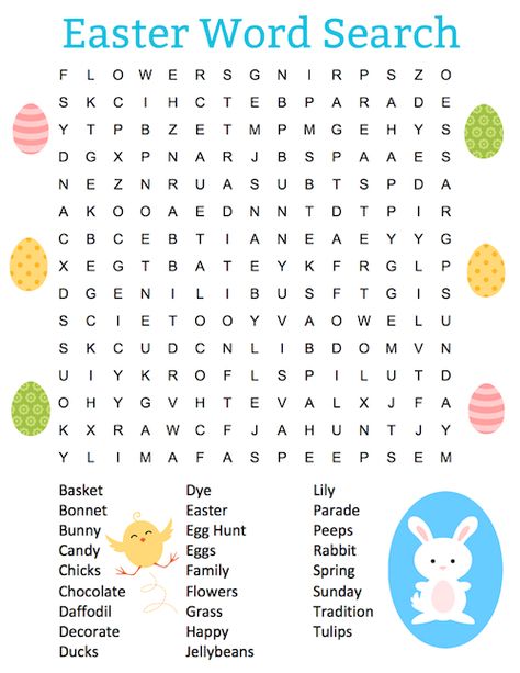 This free printable Easter word search puzzle. It includes 23 words about Easter and spring including the names of baby animals, flowers and treats you might find in your Easter basket.  #Easter #printables #WordSearch #puzzle Easter Crossword, Easter Word Search, Easter Puzzles, Easter Worksheets, Animals Flowers, Easter Games, Easter Printables Free, Easter Parade, About Easter