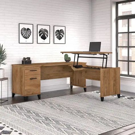 Somerset 72W 3 Position Sit to Stand L Shaped Desk by Bush Furniture - On Sale - Bed Bath & Beyond - 27479850 L Shaped Desk With Hutch, Vertical Storage Cabinet, L Desk, Desk Dimensions, Desk With Hutch, L Shape Desk, Shaped Desk, Balanced Design, Desk Hutch