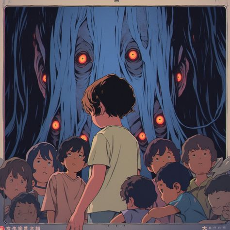 a book is in the form of an anime poster showing an image of a child in the crowd, in the style of supernatural creatures, ethereal trees, gigantic scale, mecha anime, horror film, muted palettes, yup'ik art 

the poster for the anime movie, a person standing in front of many people, in the style of surreal cyberpunk iconography, detailed portraiture, lit kid, zaire school of popular painting, intricate webs, flat illustrations, realist detail Visual Metaphor Illustration, Eerie Illustration, High Contrast Photos, Horror Illustration, Horror Tale, Night Illustration, Japanese Funny, Visual Reference, Japanese Horror