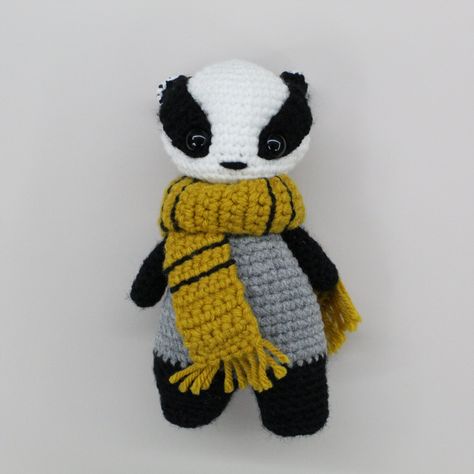 Badger Mascot Amigurumi — Ember Mischief- Fiber Art by Emmy Scanga Badger Crochet Pattern Free, Honey Badger Crochet Pattern Free, Free Badger Crochet Pattern, Badger Crochet Pattern, Badger Sewing Pattern, Hufflepuff Badger Crochet Pattern, Crochet Badger, Badger Plush Pattern, Honey Badger