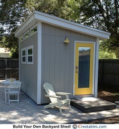 Small Shed, Shed Designs, Shed Office, Wood Shed Plans, Modern Shed, Studio Shed, Yellow Door, Backyard Studio, Diy Shed Plans