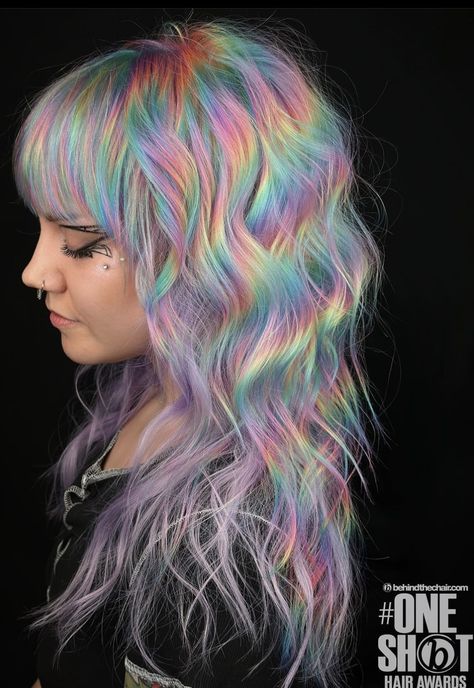 Rainbow Reflection Hair, Prism Rainbow Hair, Silver Rainbow Hair, Pastel Prism Hair, Silver And Rainbow Hair, Rainbow Ghost Roots, Muted Rainbow Hair, Rainbow Prism Hair, Prism Hair Color