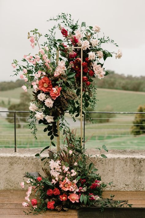 Wedding Standing Flower, Gold Stands With Flowers Wedding, Wedding Flowers At Alter, Floral Stand Display, Ceremony Pedestal Flowers, Flower Arrangements On Stands, Ceremony Florals On Stands, Floral Stands Wedding, Flower Tower Wedding