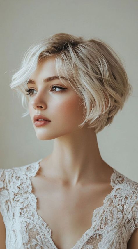 Add texture to your short bob or lob with soft waves, using a small barrel curling iron. A light mist of hairspray will hold the style in place while keeping it flexible and lively. Ballerina With Short Hair, Bob Hair Wedding, Blonde Hairstyles Short, Short Hair Elegant, Style Short Bob, Curled Pixie, Inspo People, Formal Hairstyles For Short Hair, Hair Elegant