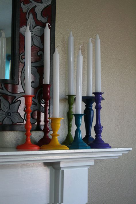 Embracing the Rainbow: DIY Painted Candlestick Holders and Lessons Learned in Accessorizing your Fireplace. – The Schmitt House Brass Candle Sticks, Painted Candlesticks, Candles Holder, Furniture Painting Ideas, Painting Candle Holders, Rainbow Diy, Candle Decoration, Paint Brass, Turkish Lamps