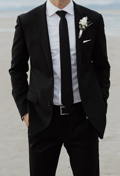 Black Suit White Shirt, Black Groomsmen Suits, Wedding Suits Men Black, Groom Suit Black, Suit For Men Wedding, Black And White Suit, Mens Wedding Attire, Groom Wedding Attire, Black Suit Men