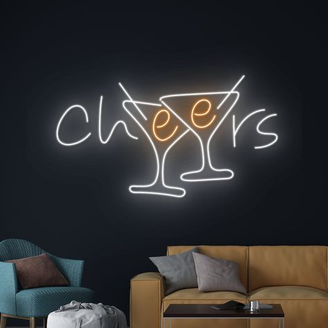 Cheers Led Sign, Drink Champagne Led Light, Cocktail Neon Sign, Alcohol Neon Light, Liquor Room Wall Decor, Bar Pub Neon Light,Club Led Sign Let us light up your life with quality LED neon signs for home, business, weddings, events, & more. Take a business logo, song lyrics, a kid's name, or even the shape of your dog, & neon-ify it! We are helping make art accessible with easy-to-design, stylish neon lights. Get creative and design your own neon sign. Your name, motto you live by, your business mission, or the motivational quote that you have always loved - choose anything and create customised neon signage. With the option of various fonts and colours, design a sign that reflects your personality.  MATERIALS+GUARANTEE Made from long lasting, durable and environmentally friendly LED neon Neon Lights For Bar, Bar Neon Lights, Bar Led Sign, Bar Light Up Sign, Neon Sign Ideas Living Rooms, Bar Led Lights, Neon Signs For Bar, Neon Signs For Business, Happy Hour Neon Sign